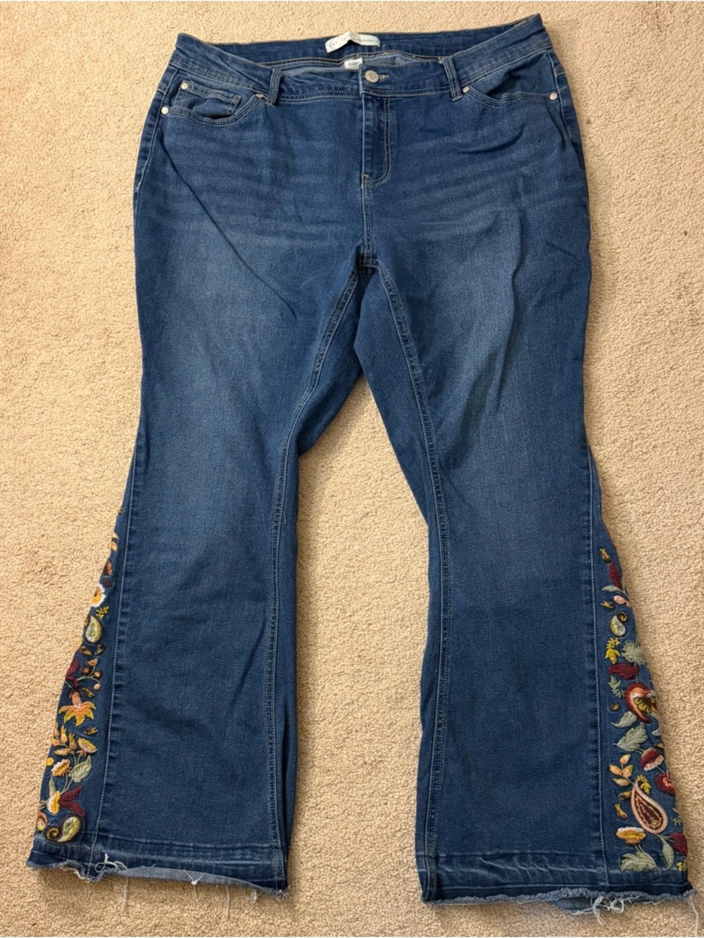 Embroidered Dark Blue Flare Jeans - Women’s Wide Leg